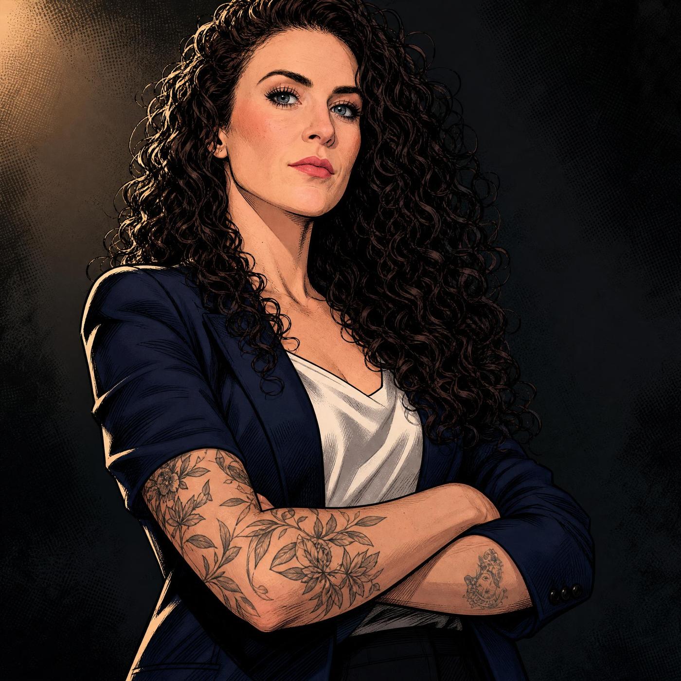 Marina, mulher 36 anos, sentada no escritório com janela ao fundo, manual aberto na mesa — ilustração graphic novel